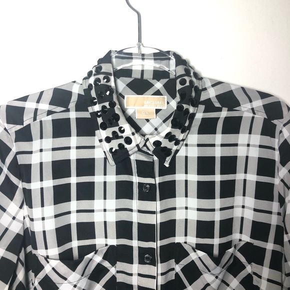 Michael Kors Blouse Plaid Rhinestone Size 0X Sheer Button Up Sleeves Western - Picture 4 of 10